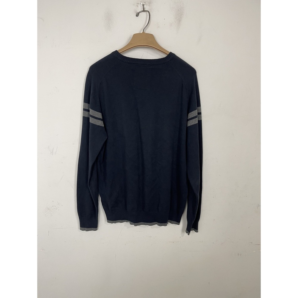 Nautica Men's Navy V-Neck Sweater Pullover Striped Sleeves Anchor Logo Size M